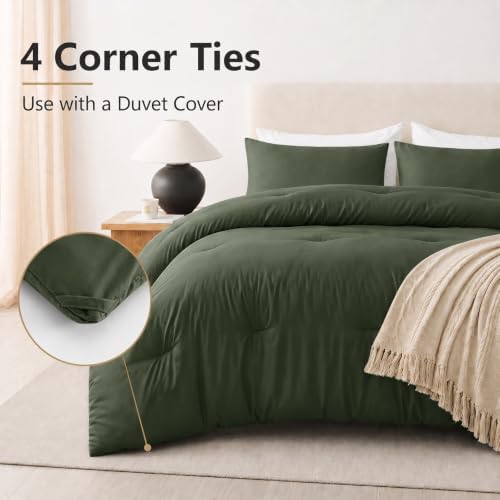 CozyLux Queen Comforter Set, 3 Pieces Down Alternative Bedding, Dark Green