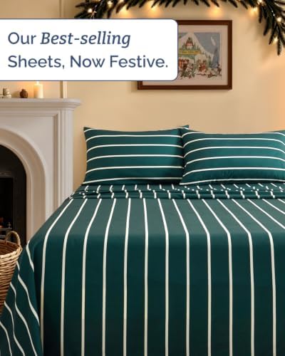 Christmas Sheet Set, Pine Stripe, Holiday Xmas Bedding Set - Full Size