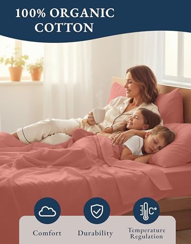 LANE LINEN Twin Sheets 100% Organic Cotton Percale Cooling Soft - Rose Dawn