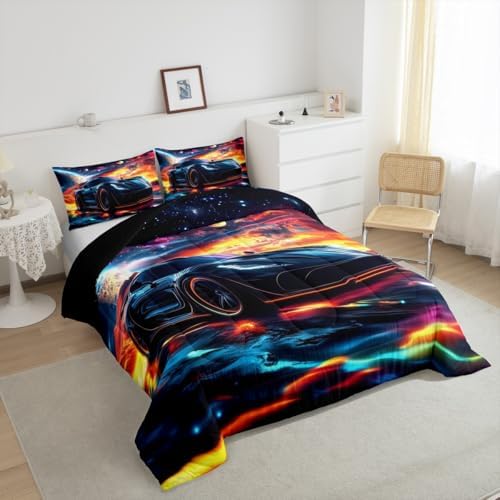 Erosebridal 3 Pieces Race Car Comforter Set Full Size Black Sports Cars Bedding Sets for Boy Car Room Decor 3D Geometric Bed in A Bag with 1 Comforter,2 Pillowcases,Colorful,All Season