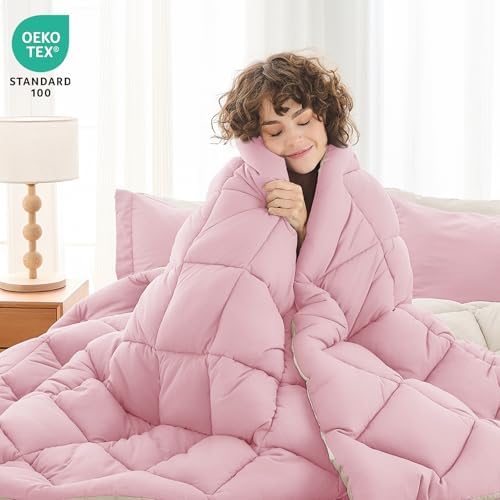 MUXHOMO 7 Pieces King Comforter Set, Reversible Bed in a Bag King Size, All Season Bedding Set with Comforter, Flat Sheet, Fitted Sheet, Pillowcases & Shams, Light Pink & Ivory