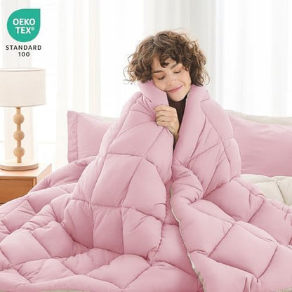 MUXHOMO 7 Pieces California King Comforter Set, Reversible Bed in a Bag Cal King Size, All Season Bedding Set with Comforter, Flat Sheet, Fitted Sheet, Pillowcases & Shams, Light Pink & Ivory
