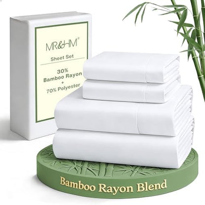 MR&HM King Size Sheet Set 4 Pieces, Rayon Derived from Bamboo Blend, White