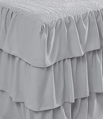 CHIXIN Ruffle Skirt Bedspread Full Size - 30" Long Drop, Shabby Chic Style, Lightweight Bedding Cover, 3 Piece Set, Chic Layers, Light Grey