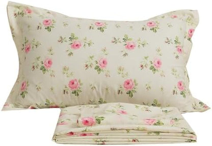 FADFAY Floral Sheets for Queen Size Bed Cotton Pink Rose Bed Shees Shabby & Chic Bedding Light Yellow Rosette Print Breathable Soft Luxury Deep Pocket Fitted Sheets 4Pcs,Queen
