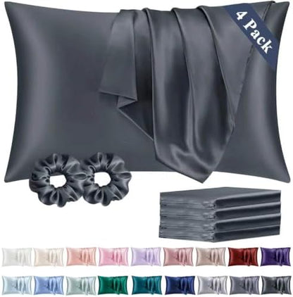 Vielit Queen Satin Pillowcase for Hair 4 Pack, Similar to Silk Pillow Cases, Easier Care Than Silk Pillowcase, Gifts for Women Men - Space Grey, 20x30 & Envelope Closure and 2 Satin Scrunchies
