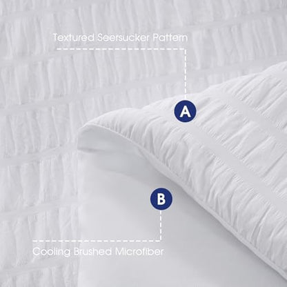 FreshCulture Comforter Set Seersucker 7 Pieces, All Season Bedding Set Queen, Bed in a Bag Comforter Set with 1 Comforter, 1 Flat Sheet, 1 Fitted Sheet, 2 Pillowcases and 2 Pillow Shams, White