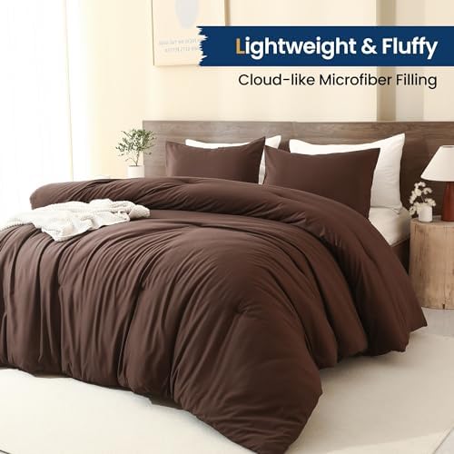 Paxrac Brown Oversized King Comforter Set 120x98In, 3 Pieces Comforter Set, Lightweight Solid Bedding Set, All Seasons Soft Fluffy Bed Set (1 Comforter & 2 Pillowcases)