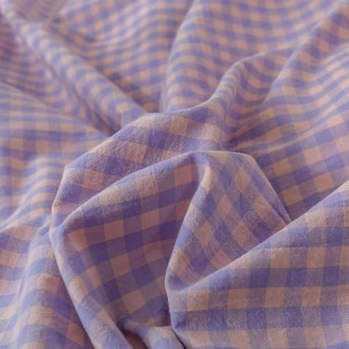 mixinni Purple Gingham Grid Duvet Cover Queen, 100% Washed Cotton Modern Geometric Bedding Set with 2 Pillowcases, Farmhouse Style Yellow Plaid Comforter Cover Set for Men & Women, Soft & Lightweight