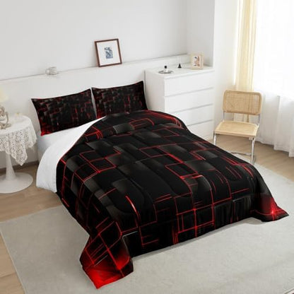 Manfei Geometric Grid Comforter Set Queen Size, Red and Black Checkered Bedding Quilt Set, Men Women Bedroom Decor, Modern Abstract Check Plaid Square Down Comforter for All Season, 2 Pillowcases
