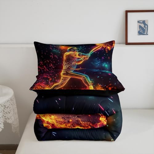 Castle Fairy Basetball Player King Size Comforter Set,Kids Neon Sky Decor All Season Bedding Set,Teens Sports Baseball Comforter,Ball Games Lover Decor Quilt Set Bedroom Collection 3Pcs