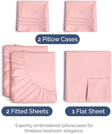 Split King Size 5 Piece Sheet Set - Breathable & Cooling Sheets - Baby Pink