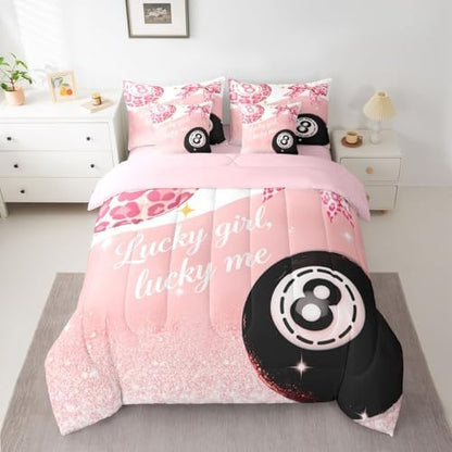 Erosebridal Girls Leopard Bow 7 Piece Bedding Set Twin,Pink Fashion Y2K Preppy Comforter Set Cheetah Print Lucky 8 Ball Bed in A Bag with Sheets for Kids Teen Adults,Girly Coquette Bowknot Bed Set