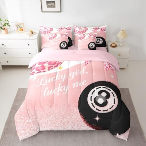 Erosebridal Girls Leopard Bow 7 Piece Bedding Set King,Pink Fashion Y2K Preppy Comforter Set Cheetah Print Lucky 8 Ball Bed in A Bag with Sheets for Kids Teen Adults,Girly Coquette Bowknot Bed Set