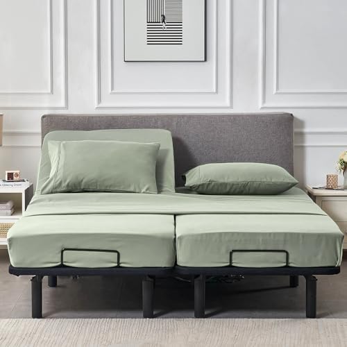 Kingnex Split Queen Sheets for Adjustable Bed Soft 1800 Microfiber 5 Pieces Include 2 30x80 Fitted Sheets 1 Flat Sheet 2 Queen Size Pillowcases Sage