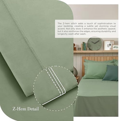 Linen Home 100% Cotton Percale Sheets Twin Size, Oil Green, Deep Pocket, 3 Pieces Set - 1 Flat, 1 Deep Pocket Fitted Sheet and 1 Pillowcase, Crisp Cool and Strong Bed Linen
