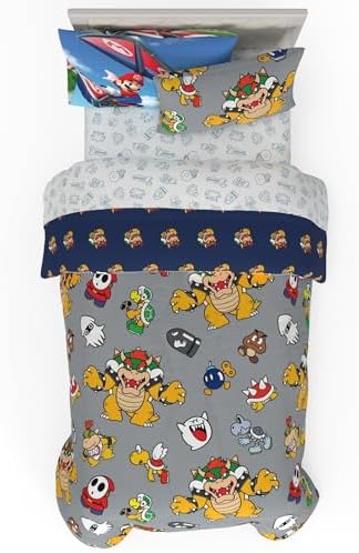 Nintendo Super Mario Bowser Bedding Set, Twin Size 5 Piece Set Kids Super Soft Cozy Reversible Comforter and Sheet Set with Sham, (100% Officially Licensed Product) by Franco