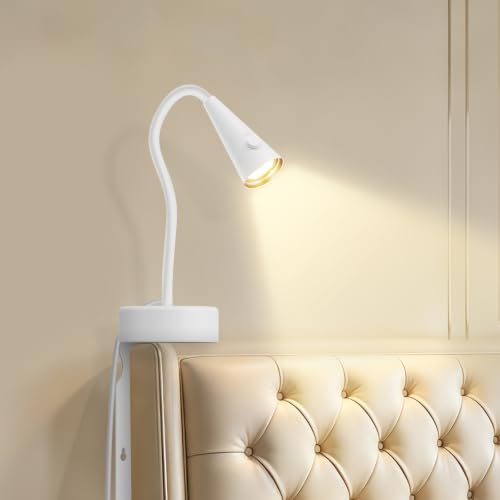 Headboard Reading Light, White Bedside Lamp, No-Drill Book Light for Bedtime Reading, Dimmable LED, Flexible Gooseneck, 360°Adjustable, Plug-in Reading Lamp Movable-1 Pack