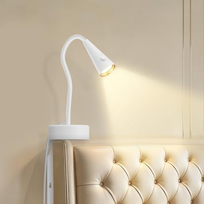 Headboard Reading Light, White Bedside Lamp, No-Drill Book Light for Bedtime Reading, Dimmable LED, Flexible Gooseneck, 360°Adjustable, Plug-in Reading Lamp Movable-1 Pack