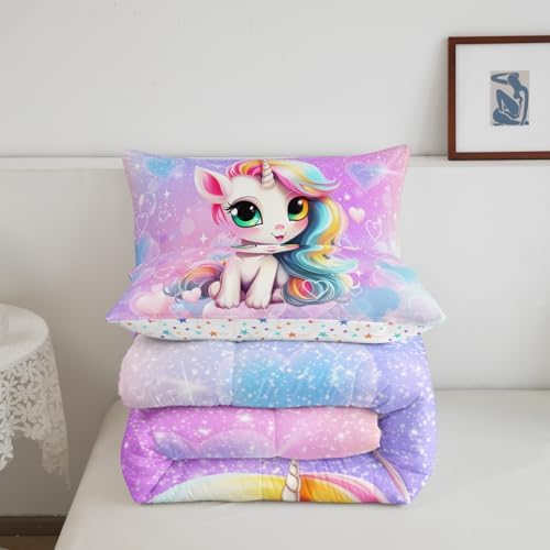 Manfei Cute Unicorn Comforter Set King Size, Pink Blue Glitter Princess Bedding Set 3pcs, Girls Woman Bedroom Decor, Cartoon Kawaii Down Comforter for Kids, Girly Dreamy Duvet Insert, 2 Pillowcases