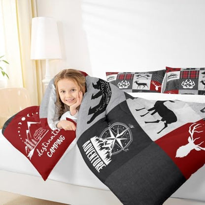 Deer Antler Bear Kids Comforter Set Queen Size,Plaids Boho Arrows Patchwork Bedding Set for Boys Girls Adults Room Decor,Rustic Adventure Camper Down Comforter,Red Xmas Duvet Insert,2 Pillowcases