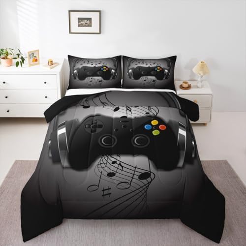 Gamer Comforter Set Queen Size,Black Grey Headphones Musical Design Games Gamepad Bedding Set for Kids Boys Video Game Room Decor Retro Playing Gamer Down Comforter Gaming Controller Quilted Duvet Set