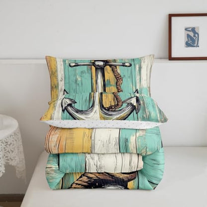 Erosebridal Anchor Comforter Set Twin Size for Boys, Ocean Navigation Theme Duvet Insert for Kids Teens Bedroom Gift, Vintage Brown Wooden Board Decor Bedding Set Marine Life Decorative Soft Quilt
