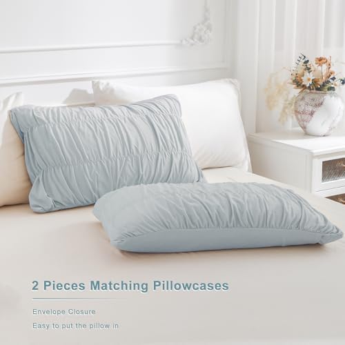 Masaca Oversized King Comforter 128x120,3 Pieces Ruched Light Blue Ruffle Comforter Set Lightweight Luxury Farmhouse Shabby Extra Large King Size Bedding for All Season