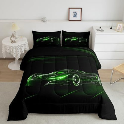 Feelyou Green Race Car Bedding Set Toddle Size for Kids Boys Extreme Sport Games Duvet Cover Teens Toddler Fast and Furious Comforter Cover Set Cool Modern Bedspread Cover 2Pcs