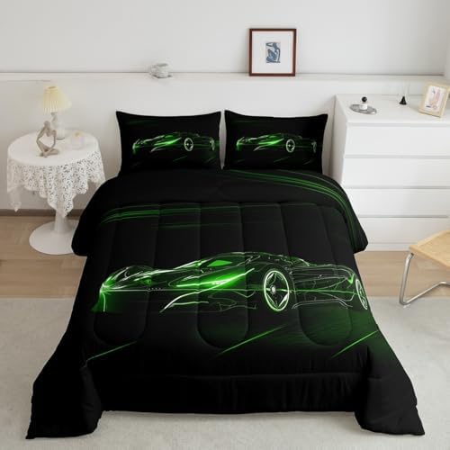 Feelyou Green Race Car Bedding Set Queen Size for Kids Teens