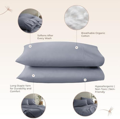 100% Organic Cotton Pillow Cases Standard Size Set of 2-100% Cotton Pillowcases GOTS Certified 300 Thread Count - Naturally Cooling Comfortable Breathable & Soft Pillow Cases (Mineral, Standard)