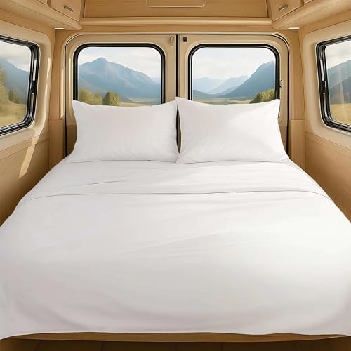 RV Short Queen Sheet Set 4 Piece - 100% Extra Long Staple Cotton, 400 Thread Count, Deep Pockets 15 to 18 Inches, White Solid, Hotel-Quality Bedding, Soft & Breathable Bedding for RV Bed