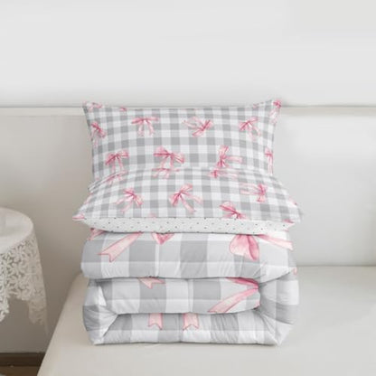 jejeloiu Checkerboard Bowknot Comforter Set All Season Pink Bow Bedding Set with 2 Pillow Cases Plaid Microfiber Kids King Bedclothes Gray Bedroom Decor Duvet Quilt Breathable Soft Lightweight