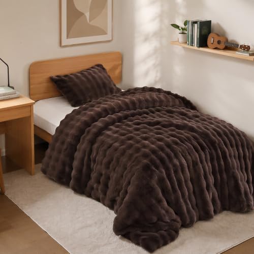 YIKUSH Twin Faux Fur Soft Comforter Set, Fluffy Brown Rabbit Fur Comforter