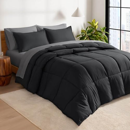 Bare Home Bed-in-A-Bag 8 Piece Comforter & Sheet Set - Split California King - Goose Down Alternative - Ultra-Soft 1800 Premium Bed Set (Split Cal King, Black/Grey)