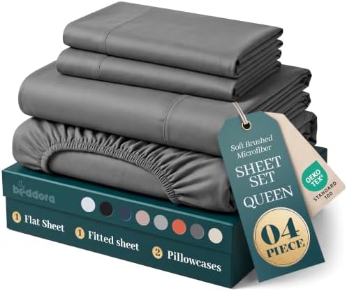 Queen Sheets Set, 4 Pcs 16" Deep Pocket Hotel Luxury Bed Sheets, Dark Grey