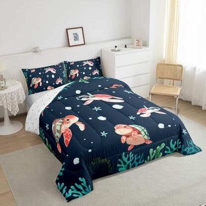 Homewish Cartoon Turtle Bedding Set King Size,Shell Coral Comforter Set 3Pcs for Kids Girls Boys Teens Room Decor,Diving Theme Sea Animals Quilt Set Blue Green Duvet Insert,2 Pillowcases
