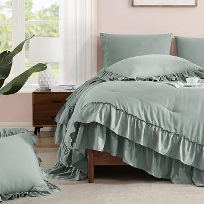 California King Comforter Set Sage Green Ruffle 7 Pieces Bed in a Bag