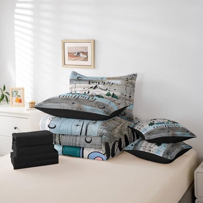 Erosebridal Camper Bedding Set Queen Happy Camping Comforter Set 7 Piece Rv Bunk Accessories Bed in A Bag for Travel Trailers,Boho Moon Stars Decor for Camper Car,Rustic Farmhouse Adventure Bed Set