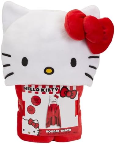 Franco Sanrio Hello Kitty Red Bow Plush Hooded Throw, Kids Bedding Super Soft Blanket, 30 in x 50 in, (Officially Licensed Product)