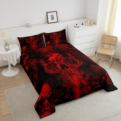 Gothic Skull Bedding Set Red and Black Skeleton Comforter Set Full For Kids Boys Teen Men,Psychedelic Goth Skull Quilted Duvet Trippy Smoke Halloween Horror Down Comforter Bedroom Decor 2 Pillowcases