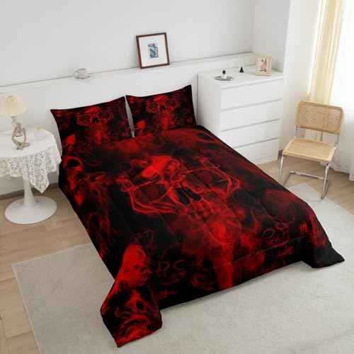 Gothic Skull Bedding Set Red and Black Skeleton Comforter Set Twin for Kids Boys Teen Men,Psychedelic Goth Skull Quilted Duvet Trippy Smoke Halloween Horror Down Comforter Bedroom Decor 1 Pillowcase