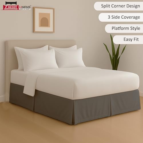 eBeddy Linens Split Corner Bed Skirt Full 16 Inch Drop – 100% Microfiber, – Platform Style, Dark Grey Solid, 3-Sided Pleated, Tailored Fit, Hidden Storage, Hotel Luxury, Washable