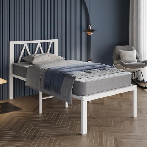 Avenco 18 Inch Twin Bed Frame with Headboard, White Metal Platform Bed Frame, Twin Size Bed Frame No Box Spring Needed, Easy Assembly, Heavy Duty Slats Support