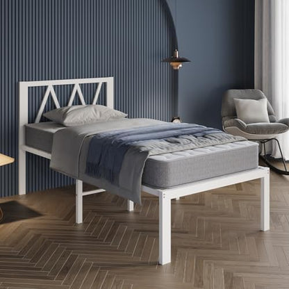 Avenco 18 Inch Twin Bed Frame with Headboard, White Metal Platform Bed Frame, Twin Size Bed Frame No Box Spring Needed, Easy Assembly, Heavy Duty Slats Support