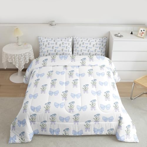 Castle Fairy Blue Bowknot Twin Size Comforter Set for All Seasons,Retro Farmhouse Dreamy Girly Style Bedding Set Teens Bedroom Decor,Cute Blue Flowers Comforter Inner Fill with 1 Pillowcase
