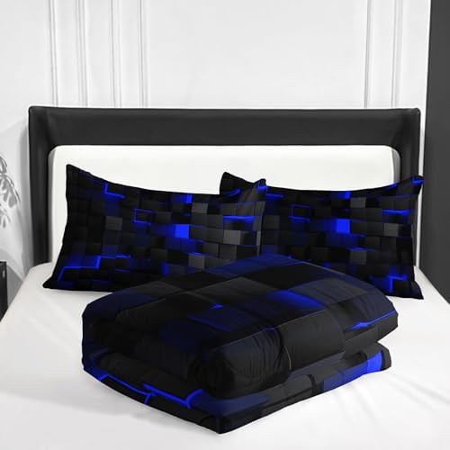 Nttopship Neon Blue Black Comforter Set Queen Geometric Kids Bedding Set,3 PCS Geometry Honeycomb Bed Set Modern Quilt Set 1 Comforter 2 Pillow Cases Cool Room Decor All Season B-Side Black