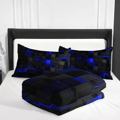 Nttopship Neon Blue Black Comforter Set Queen Geometric Kids Bedding Set,3 PCS Geometry Honeycomb Bed Set Modern Quilt Set 1 Comforter 2 Pillow Cases Cool Room Decor All Season B-Side Black