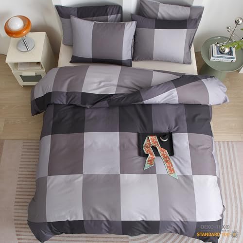mixinni King Comforter Set Men Boys Geometric Checkered Plaid Printed Bedding Comforter for All Season Soft Lightweight Bedding Set-(King Size, Grey,Black)