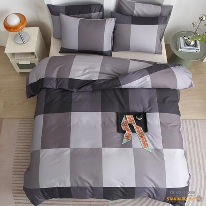 mixinni King Comforter Set Men Boys Geometric Checkered Plaid Printed Bedding Comforter for All Season Soft Lightweight Bedding Set-(King Size, Grey,Black)